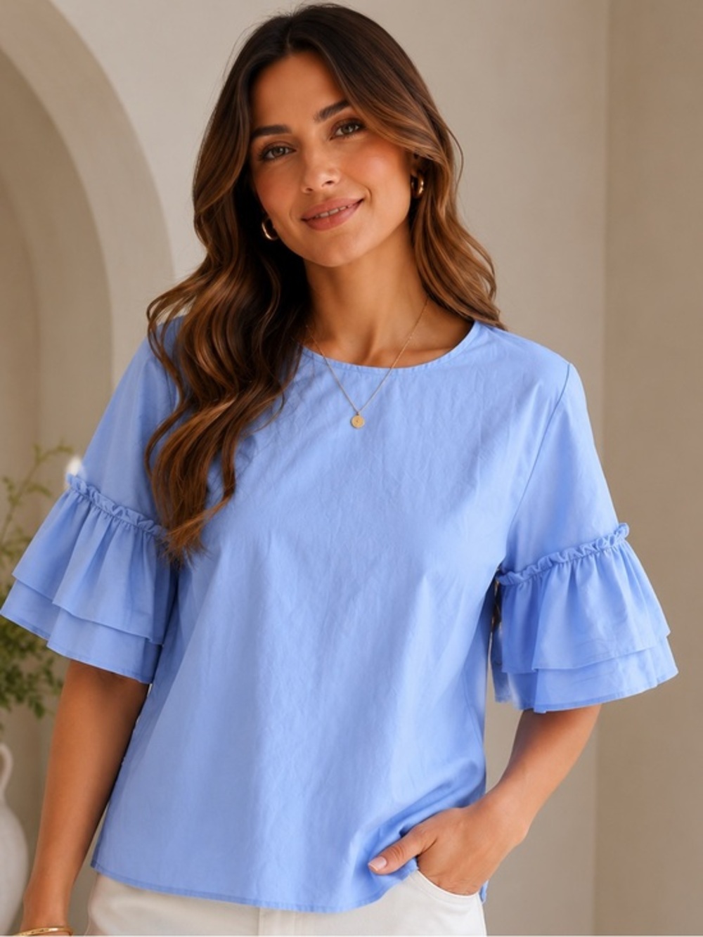Marella sky Blue Ruffle Sleeve Blouse | Size 4 | 100% Cotton NWT